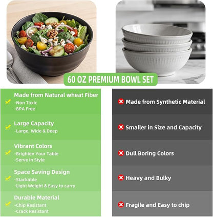60oz Wheat Straw Bowls, Unbreakable Large Capacity Serving Bowls, Microwave & - Image 4