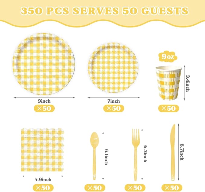 Vyntra 350 Pcs Yellow & White Checkered Gingham Paper Plates and Napkins Set - Image 3