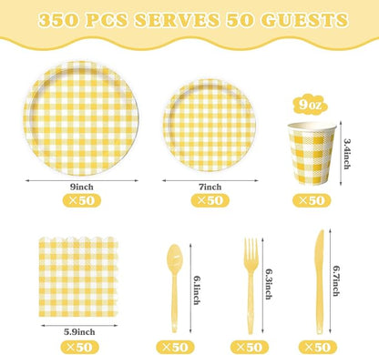 Vyntra 350 Pcs Yellow & White Checkered Gingham Paper Plates and Napkins Set - Image 3