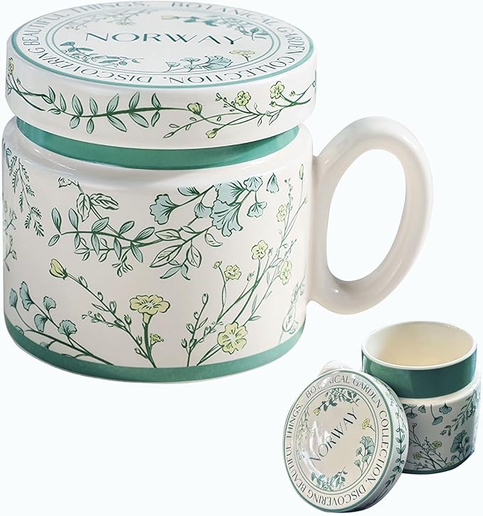 12.9oz Ceramic Coffee Mug with Lid, Flower Patterned Porcelain Mug, Ceramic Tea by HIKIWIN
