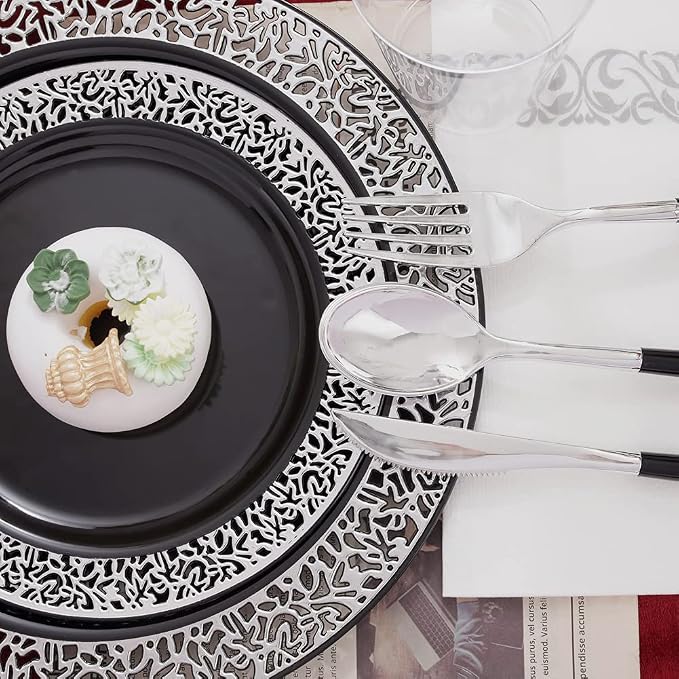 LIYH 350Pcs Black Silver Lace Plastic Plates Dinnerware Set - Image 5