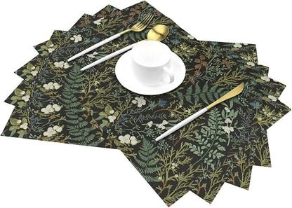 Botanical Print Floral Placemats Set of 4 Black Sage Green Spring Flower Plant Wipeable Table Mats Reusable Washable PVC Rectangle Place Mats for Kitchen Dining Home Decor 12x18 Inches