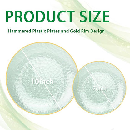 DaYammi 100PCS Green and Gold Plastic Plates - 10 inch Clear Green Gold Dinner Plates - Hammer Pattern Design - Fancy Disposable Platos - Heavy-Duty Party Platos Ideal for Wedding
