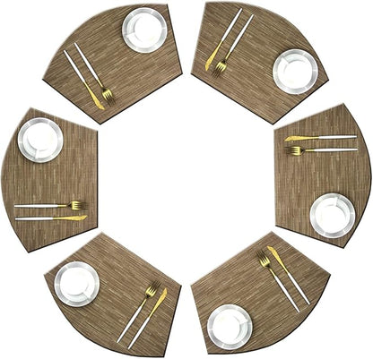Wedge Shape Placemats for Round Dinner Table Woven Vinyl Wipe Clean Non Slip Plastic Table Mats Set of 6（Khaki）