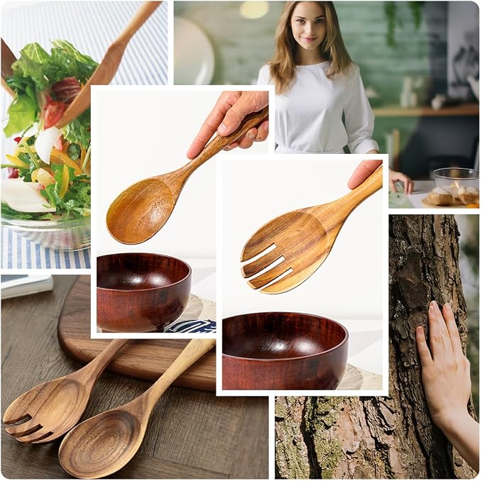 Teak Wooden Salad Spoon and Fork10.2-Inch, Wooden Salad Spoons and Sporks Set - Image 5