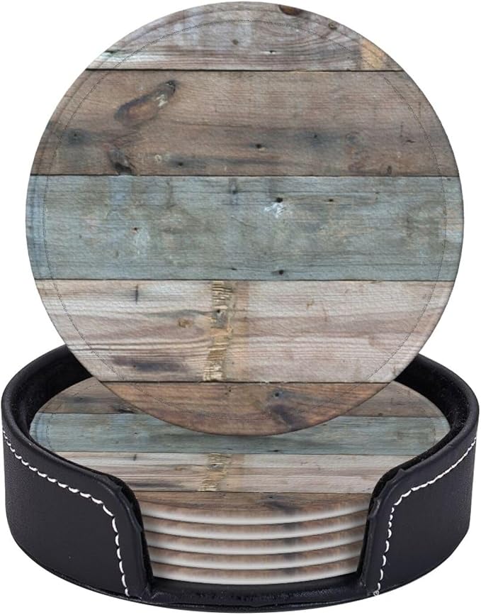6 Pcs Rustic Wooden Vintage Western Country Blue Gray Leather Coasters by CAPVKING