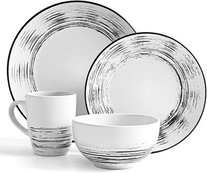 Homlouue 16 Pcs Stoneware Dinnerware Sets for 4, Porcelain Farmhouse Plates Bowls Mugs Set - Minimalist Chip Resistant Dish Set, Microwave & Dishwasher Safe in White and Black Thread