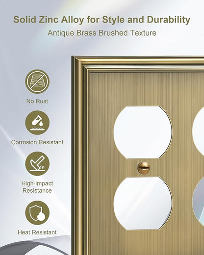 2-Pack Double Duplex Outlet Cover, Antique Brass Decorative Switch Plates and Outlet Covers for Electrical Outlet, Durable Zinc Alloy Wall Plates, 2 Gang Receptacle Cover, Corrosion Resistant