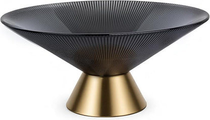 Tapered Glass Decorative Bowl (Gray), 9.8 Inches Handblown Striped Design Fruit Bowl with Rust-Resistant Metal Base for Home Decor, Table Centerpiece, Kitchen Island and Dining Decor