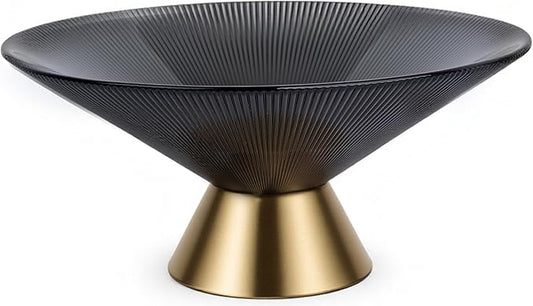 Tapered Glass Decorative Bowl (Gray), 9.8 Inches Handblown Striped Design Fruit Bowl with Rust-Resistant Metal Base for Home Decor, Table Centerpiece, Kitchen Island and Dining Decor