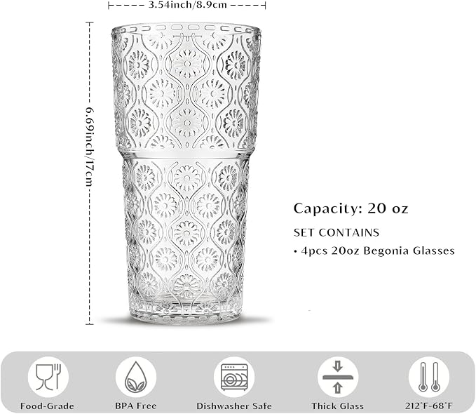 INSETLAN 20oz Begonia Flower Glass Cups Set of 4, Vintage Drinking Glasses - Image 3