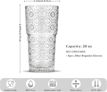 INSETLAN 20oz Begonia Flower Glass Cups Set of 4, Vintage Drinking Glasses - Image 3