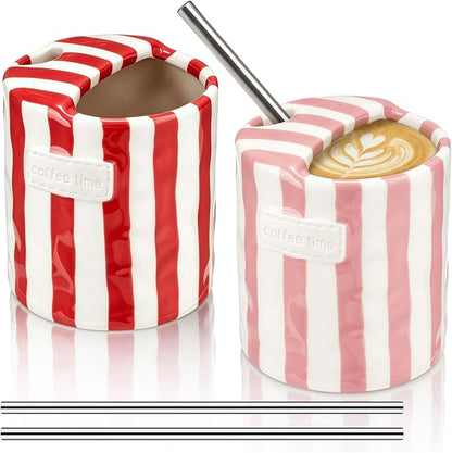 2 Pack Ceramic Coffee Mug with Sip Hole Espresso Cup 10oz with Straws Retro by Ferrochef