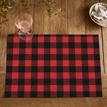 Artoid Mode Buffalo Plaid Vinyl Placemats Set of 4, 12x18 Inch Washable Non-Slip Heat Resistant Plastic Place Mats for Party Dining Table, Black/Red