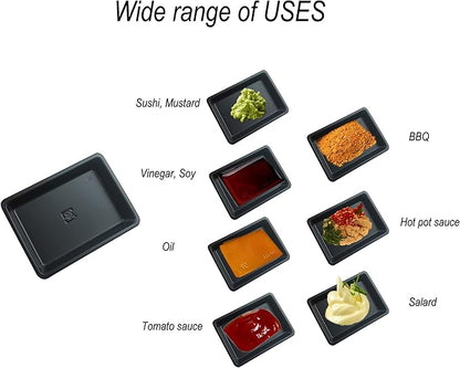 100 pcs Mini 2.95"x2.16" Dipping Sauce Dishes, Plastic Disposable Rectangular Black Soy Sauce Plate Set, Condiment Serving tray, Seasoning Platter, Appetizer Bowel -for Sushi Mustard Vinegar Soy BBQ