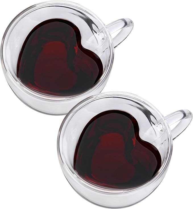 CNGLASS Double Wall Heart Shaped Glass Coffee Mugs 8.5oz, Insulated Clear Tea by CNGLASS