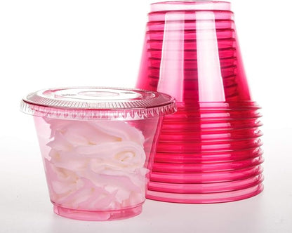 Golden Apple, 9oz-50sets Pink Red Plastic Cups with Clear Flat no Hole lids…