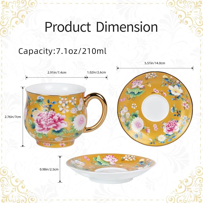 KAMMAK Tea Cup and Saucer, Ceramic Coffee Cups, 7.1 oz, Afternoon Tea and - Image 2