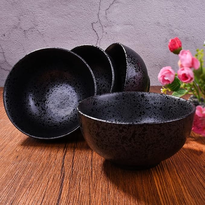 Japanese Rice Bowl Set of 4 Porcelain Sushi Bowls Serving Bowls Speckled Black - Image 6