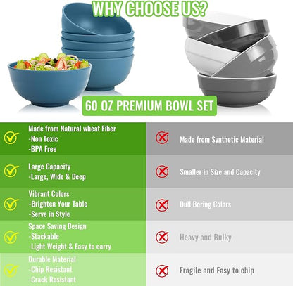 Wheat Straw Bowls Set of 6, 60 OZ Unbreakable Camping Bowls, Microwave Safe & Dishwasher Safe, Large Salad Bowls for Outdoor, Picnic, RV Trips, Ramen, Cereal, Soup, Dark Blue