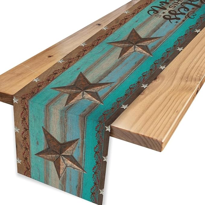 Western Texas Table Runner, Rustic Farmhouse Barn Texas Star Teal Wooden Plank - Image 4