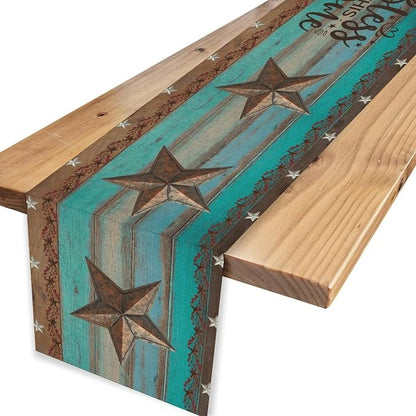 Western Texas Table Runner, Rustic Farmhouse Barn Texas Star Teal Wooden Plank - Image 4