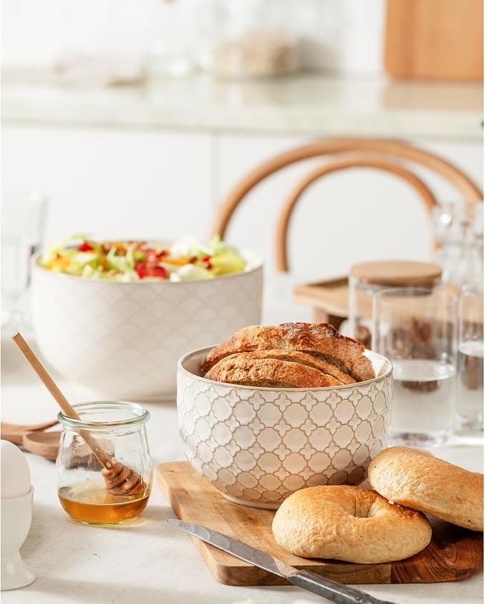 Mikiegy Ceramic Mixing Bowls Set of 2, Nesting Ceramic Embossment Stoneware - Image 6