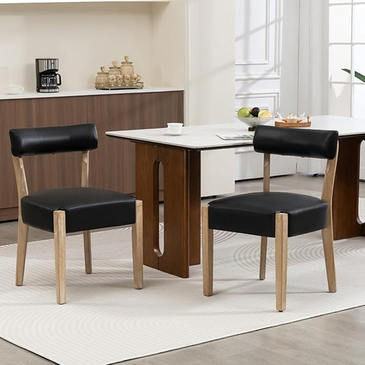 Modern Dining Chairs Set of 2 – Mid-Century Modern Faux Leather Upholstered Kitchen & Dining Room Chairs with Curved Back, Oversized Rounded Seat, Sturdy Wood Frame, Black