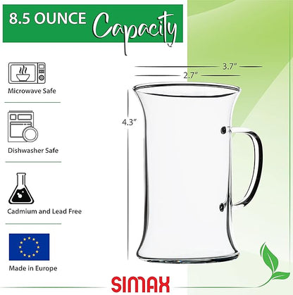 Simax Glassware Irish Coffee Tea Glasses - Cold, Heat, and Shock Resistant Borosilicate Glass, Microwave and Dishwasher Safe, Includes Six (6) 8.5 Ounce Cups