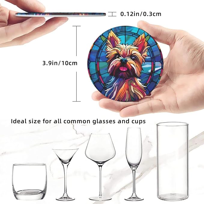 Yorkie Stained Dog Breed Glass Art Leather Drinks Coasters - Image 3