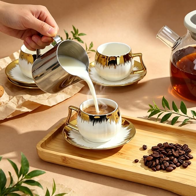 3.5 OZ Espresso Cups with Saucers, Ceramic Coffee Cup Set of 6, Turkish Coffee - Image 3