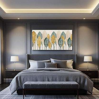 CHUDANHAO Green Wall Art Gold Wall Decor Leaves Prints Pictures Textured Bedroom Decor Line Painting Green Paintings Wall Decorations 24”x48” Artwork for Living Room Dining Room