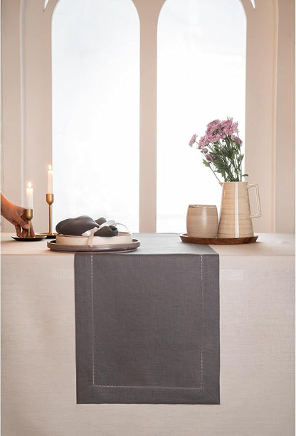 D'Moksha Homes Linen Charcoal Grey Table Runner 90 Inches Long - Classic Hemstitch 100% Pure Linen Dining Table Runner 14 x 90 Inch for Spring, Easter