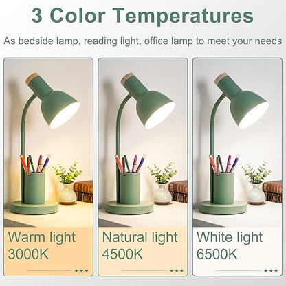 WLHONG LED Desk Lamp, Table Lamps with Pen Holder, 3 Color Modes Eye-Caring Reading Light with Flexible Gooseneck, Study Lamp for Kids Bedside Home Office Room College Dorm Essentials (Green)