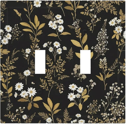 Decorative Light Switch Cover Black/Gold Boho Botanical Floral Rustic Flowers 2 Gang Wall Plate Double Toggle Switch Plate Receptacle Electrical Outlet Cover Switchplate for Bathroom Kitchen（2 Pack）
