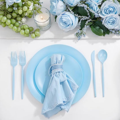EI 150pcs Blue Plastic Plates Disposable Light Blue Baby Shower Plates Heavy Duty Dinnerware Set Plastic Silverware for Party,Wedding,Easter,Spring Afternoon Tea