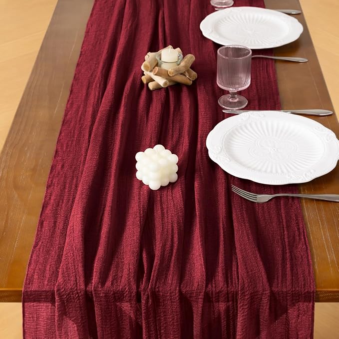 Cheesecloth Table Runner Summer Boho Wedding Shower Party Home Decor | Burgundy - Image 4