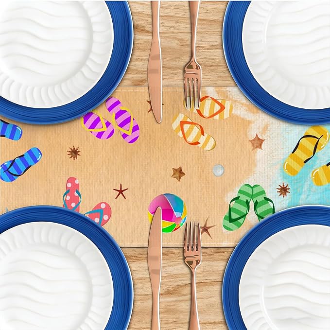 Summer Beach Table Runner, Flip Flops Seaside Themed Birthday Decoration | - Image 4