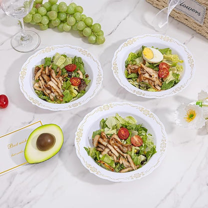 DaYammi 50 Pack Plastic Bowls with Gold Rim, 12oz Disposable Soup Bowls, Heavy Duty Dinner Bowls for Weddings,Gold Disposable bowl for Parties, Dinners, Catering and Everyday Use