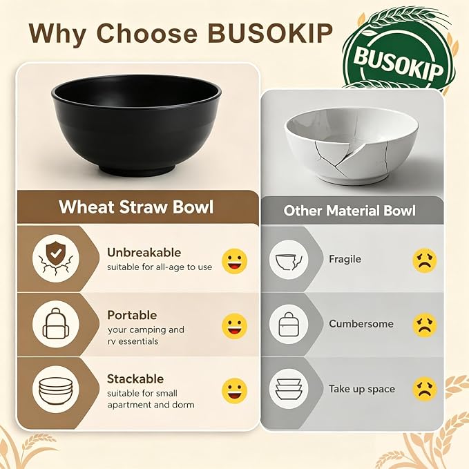 Ramen Bowls 60oz, Unbreakable & Lightweight Wheat Straw Bowls Sets of 8 - Image 6