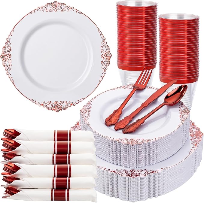 Nervure 350Pcs Red Plastic Plates, Plastic Dinnerware Set by Nervure