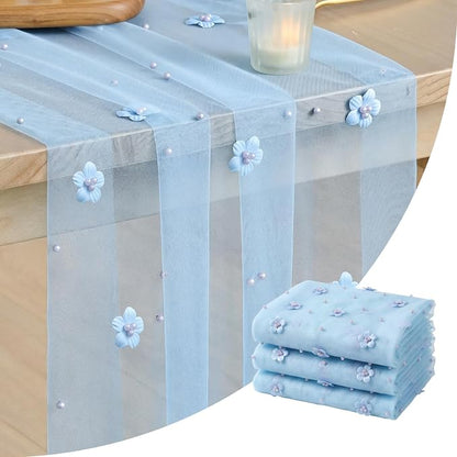 Artoid Mode Blue Flower Pearl Blue Gauze Table Runner 10FT 3PC, Seasonal Sheer by ArtoidMode