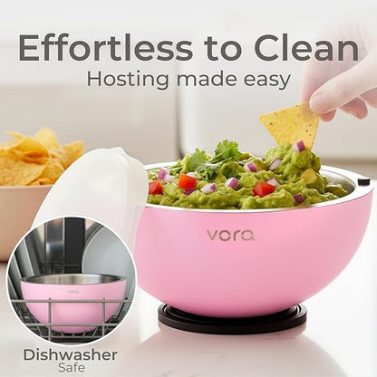 Vora 35oz Dip Chiller Bowl with Lid | 2 Pack Pink Stainless Steel Chilled Serving Bowl Keep Dips, Salads, and Appetizers Perfectly Cold with Leak-Resistant Ice Bowl for Effortless Hosting