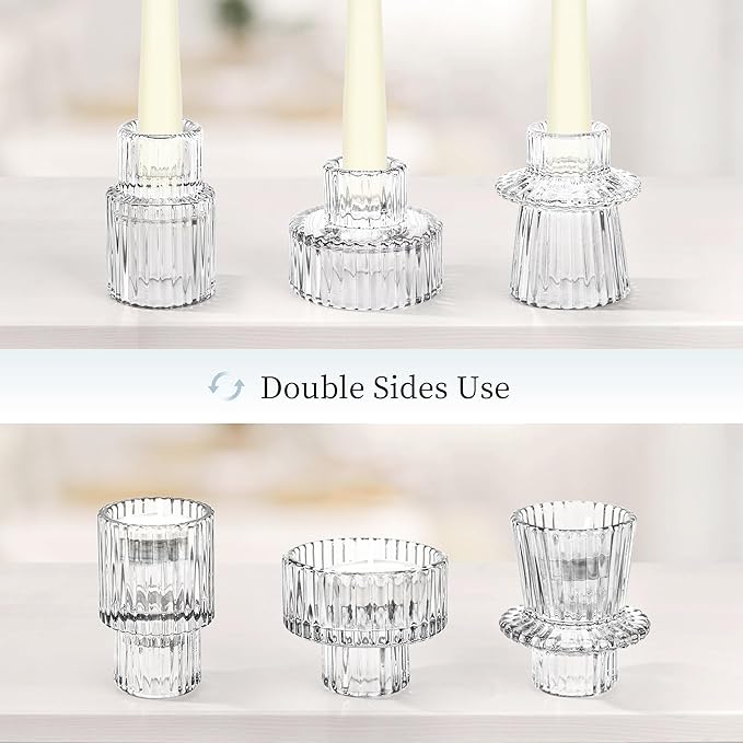 Taper Votive Candle Holder for Pillar Candles Tealight, Candlestick Holder for Wedding Christmas Tea Party, Boho Ribbed Vintage Crystal Glass Table Centerpiece Decor, Bulk Set of 6 (Clear)