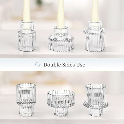Taper Votive Candle Holder for Pillar Candles Tealight, Candlestick Holder for Wedding Christmas Tea Party, Boho Ribbed Vintage Crystal Glass Table Centerpiece Decor, Bulk Set of 6 (Clear)