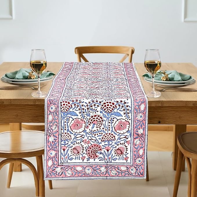 Hand Block Printed Table Runner 16x90 – Pigeon Blue Cotton Runner by Ridhi
