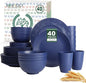 Homienly 40 PCS Wheat Straw Dinnerware Set, Reusable Plates and Bowls Sets, Cups, Lightweight and Unbreakable Dishes Set for 8, Microwave & Dishwasher Safe Dinnerware Sets for Kitchen - Dark Blue
