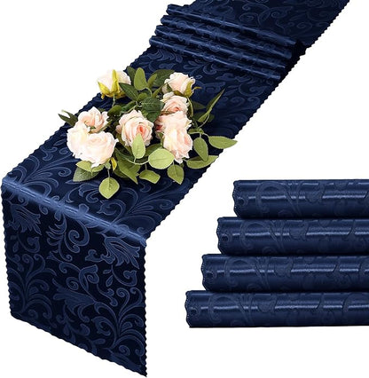 MILVOWOC 4 Pack Navy Blue Damask Table Runner, 12 x 72 Inch | Satin Jacquard by MILVOWOC