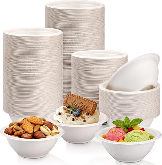 LeonBach 150 Pack 6oz Natural Bagasse Fiber Bowls, Small Disposable Paper Bowls Microwavable Safe Sample Snack Cups Charcuterie Serving Cups for Sauce Portion Condiment Ice Cream Desserts, White