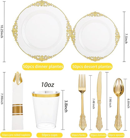 Hioasis 350pcs Clear and Gold Plates - Clear Party Plates for 50 Guest, Include 100 Heavy-duty Plates(20% Thicker Than Standard), 50 Pre Rolled Gold Plastic Silverware Set, 50 Cups